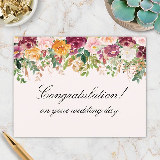 Carte Postale Fleurs de rose aquarelle Félicitations de mariage