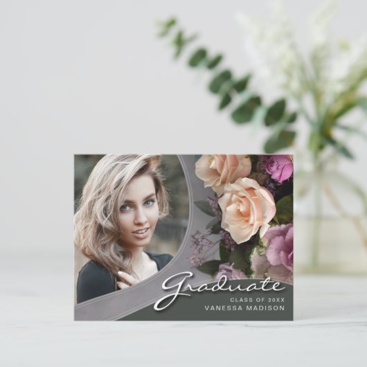 Carte Postale Fleurs de rose d'écriture élégante | Diplômé de ph (Debout devant)