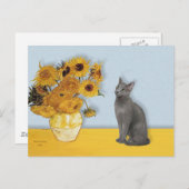 Carte Postale Fleurs de soleil - chat bleu russe (Devant / Derrière)