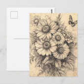 Carte Postale Fleurs de soleil et papillon - Papier vieilli rust (Devant / Derrière)