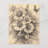 Carte Postale Fleurs de soleil et papillon - Papier vieilli rust (Devant)
