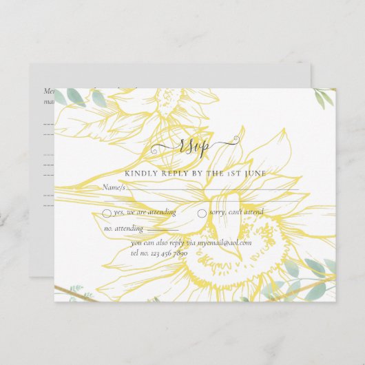 Carte Postale Fleurs de soleil modernes Mariage d'or Sage (Devant / Derrière)