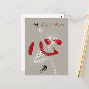 Carte Postale Fleurs d'hirondelles et Mariage de coeur chinois M