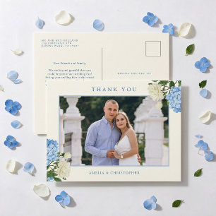 Carte Postale Fleurs d'hortensia bleus et jardin de roses Merci