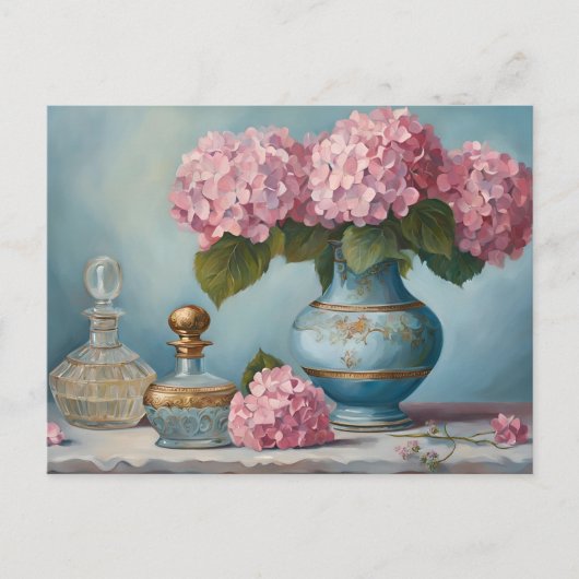 Carte Postale Fleurs d'hortensia rose et flacons de parfum vinta (Devant)