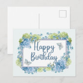 Carte Postale Fleurs d'hydrangea aquarelle bleu Joyeux Anniversa (Devant / Derrière)