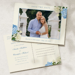 Carte Postale Fleurs d'Hydrangea Bleues et Jardin de Roses Enreg