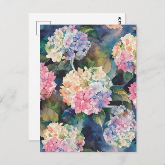 Carte Postale Fleurs d'Hydrangée Aquarelle Motif Blanc (Devant / Derrière)