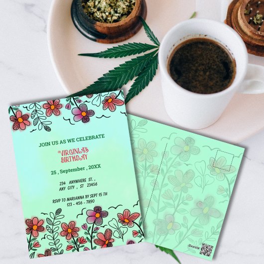 CARTE POSTALE FLEURS DOODLE ROUGES UNIQUES DE PRINTEMPS ANNIVERS