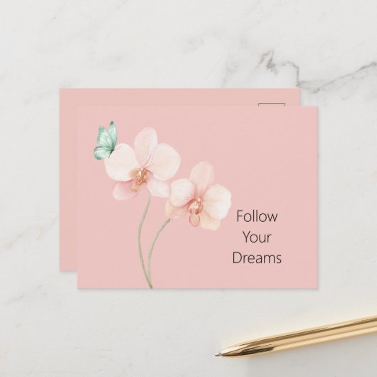 Carte Postale Fleurs d'orchidée rose papillon vert menthe (Devant/Arrière en situation)