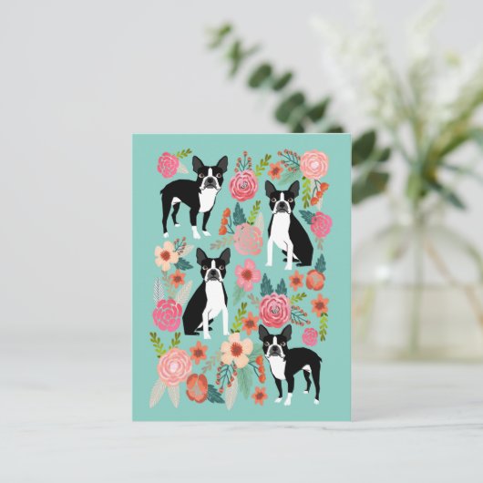 Carte Postale Fleurs du printemps de Boston Terrier - joli bosto (Debout devant)