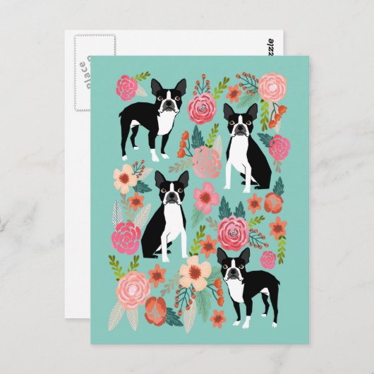 Carte Postale Fleurs du printemps de Boston Terrier - joli bosto (Devant / Derrière)