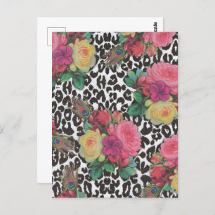Carte Postale Fleurs élégantes vintages cheetah paon fleurs