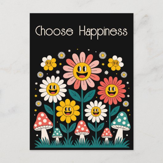 Carte Postale Fleurs et champignons rétro Smiley (Devant)