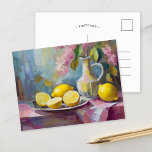 Carte Postale Fleurs et citrons Vie morte moderne<br><div class="desc">Un magnifique tableau d'art moderne dans un style impressionniste, mettant en valeur une vie morte de fleurs et de citrons vibrants, exprimé par des coups de pinceau texturés dans des tons pastel pastel rose, bleu et jaune. Les couleurs douces et harmonieuses créent une ambiance tranquille, tandis que les brosses animées...</div>