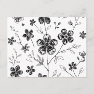 Carte Postale Fleurs et feuilles à trait fin délicat 