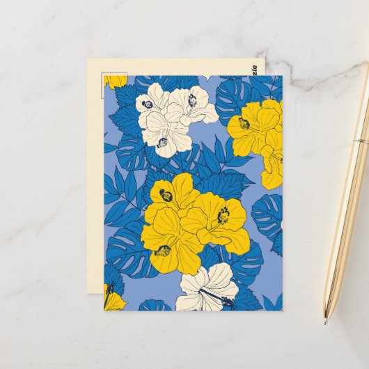 Carte Postale Fleurs et feuilles d'Hibiscus  (Devant/Arrière en situation)