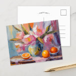 Carte Postale Fleurs et Oranges Vie morte moderne<br><div class="desc">Un tableau d'art moderne captivant dans un style impressionniste, avec une vie morte de fleurs et d'oranges vibrantes, rendu avec des coups de pinceau texturés dans les tons pastel pastel et orange. Les couleurs douces se marient harmonieusement, créant une atmosphère douce et accueillante. Les traits texturés apportent profondeur et caractère...</div>