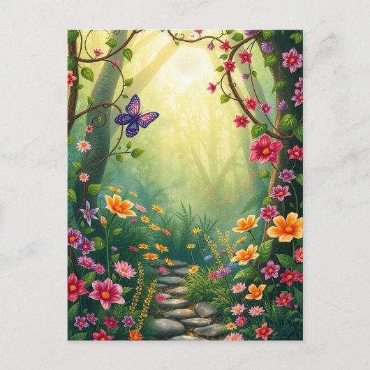 Carte Postale Fleurs et papillon dans une forêt tropicale enchan (Devant)