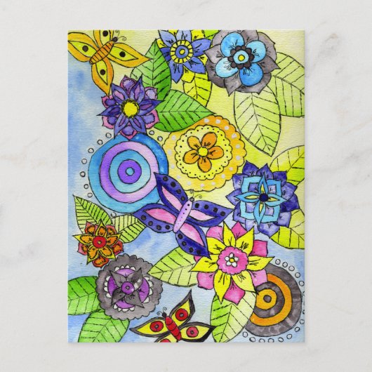 Carte Postale Fleurs et papillons (Devant)