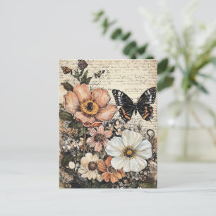 Carte Postale Fleurs et papillons rustiques - Papier vieilli (14