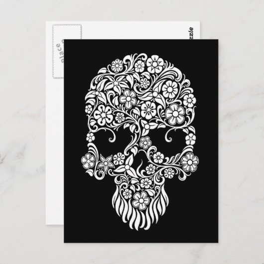 Carte Postale Fleurs et vignes blanches Design crâne sur noir (Devant / Derrière)