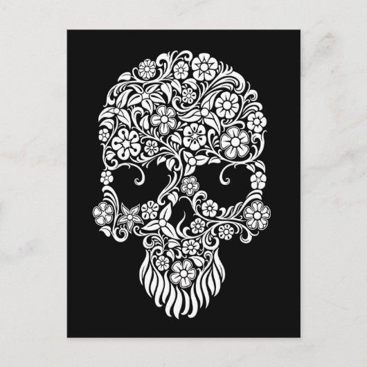 Carte Postale Fleurs et vignes blanches Design crâne sur noir (Devant)