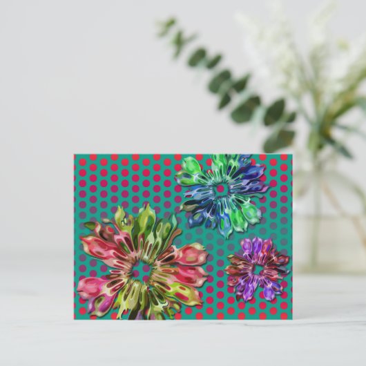 Carte Postale Fleurs fractales abstraites 2D | points rouges ver (Debout devant)