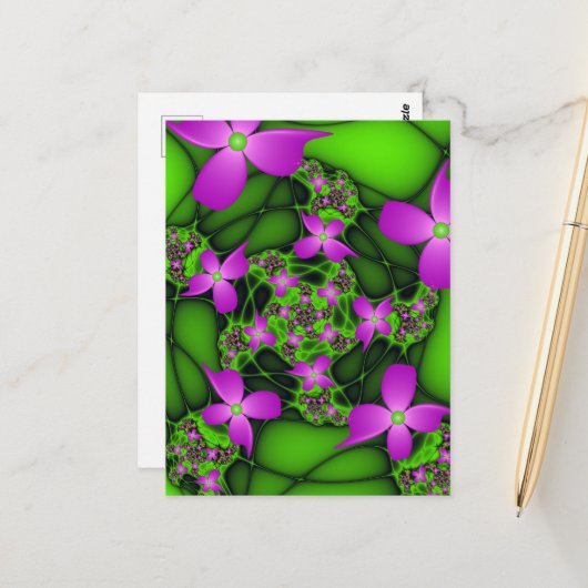 Carte Postale Fleurs fractales Abstraites de néon rose vert (Devant/Arrière en situation)