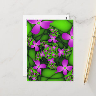 Carte Postale Fleurs fractales abstraites néon rose vert moderne