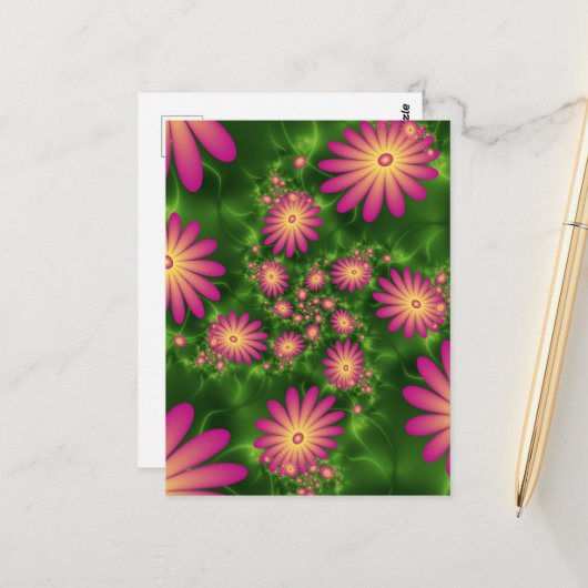 Carte Postale Fleurs Imaginaires roses Art Fractal Abstrait mode (Devant/Arrière en situation)