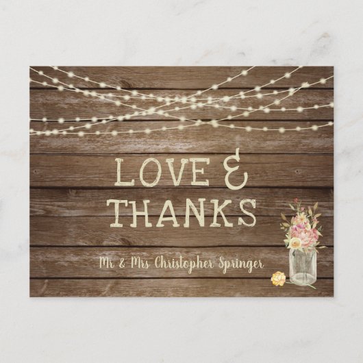 Carte Postale Fleurs Jar en bois rustique Mason MERCI Mariage (Devant)