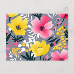 Carte Postale Fleurs Jaunes Et Roses Vibrantes Sur Fond Gris