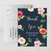 Carte Postale fleurs marine et argent mariage d'aquarelle (Devant / Derrière)