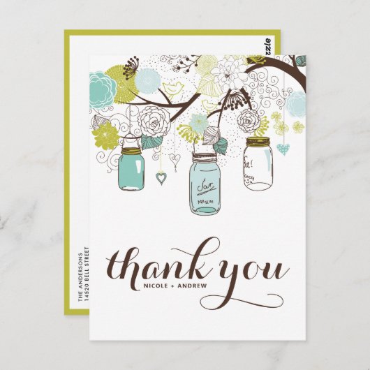 CARTE POSTALE FLEURS & MASON JARS MARIAGE MERCI POSTCARD (Devant / Derrière)