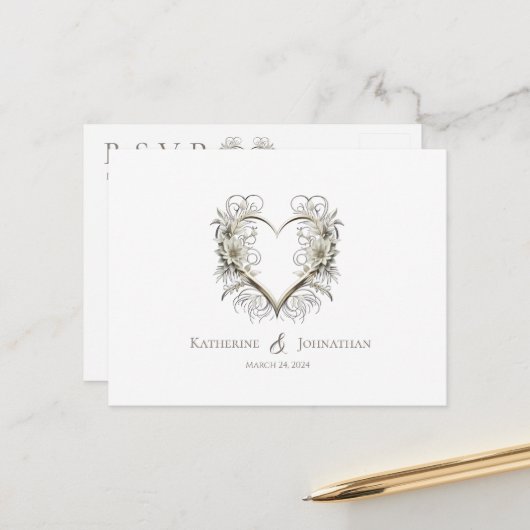 Carte Postale Fleurs modernes avec un coeur-RSVP-Mariage- (Devant/Arrière en situation)