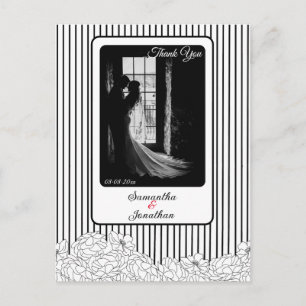 Carte Postale Fleurs noires et blanches avec Merci à rayures