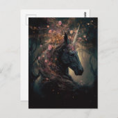 Carte Postale Fleurs noires Unicorne rose (Devant / Derrière)