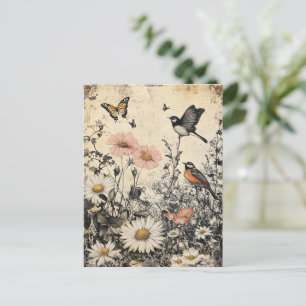 Carte Postale Fleurs, oiseaux et papillons sur papier vieilli (1