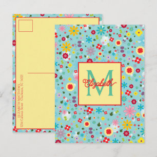 Carte Postale Fleurs printanières sur monogramme bleu aqua
