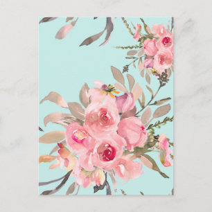 Carte Postale Fleurs rose saumon sur fond bleu clair