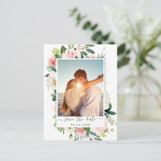 Carte Postale Fleurs roses blanches Mariage vert Enregistrer la (Debout devant)