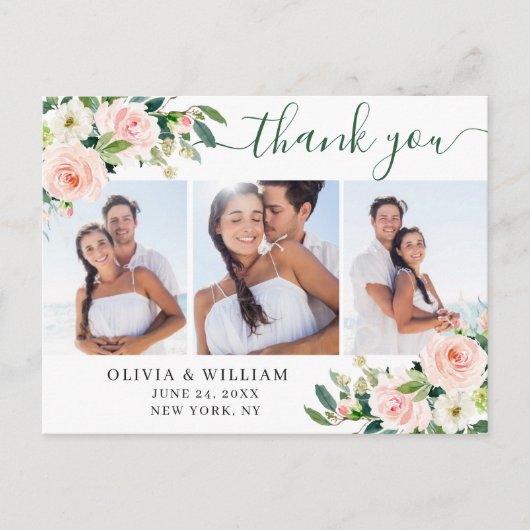 Carte Postale Fleurs Roses Blush Verdure 3 Merci photo (Devant)