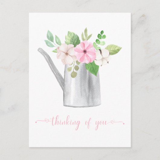 Carte Postale Fleurs roses et blanches Pensées dans un arrosoir (Devant)