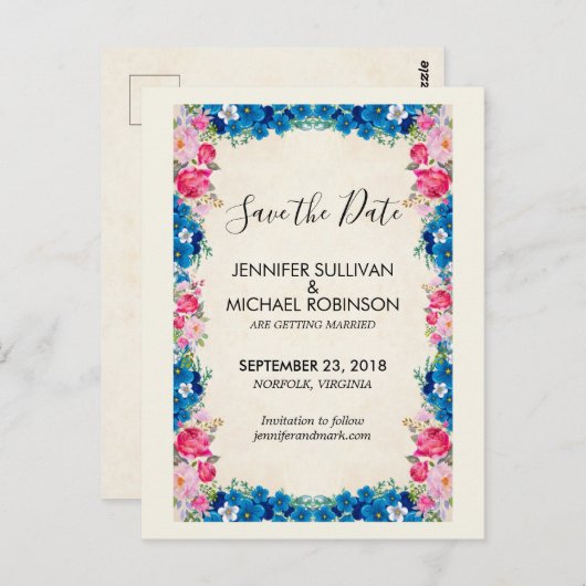 Carte Postale Fleurs roses et bleues Mariage fantaisie Enregistr (Devant / Derrière)