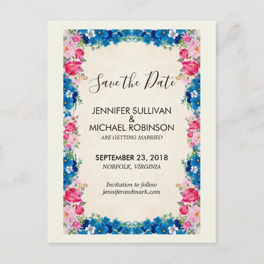 Carte Postale Fleurs roses et bleues Mariage fantaisie Enregistr (Devant)