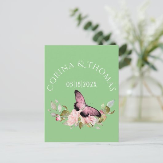 Carte Postale Fleurs roses et papillon sur Mariage vert (Debout devant)
