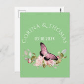 Carte Postale Fleurs roses et papillon sur Mariage vert (Devant / Derrière)