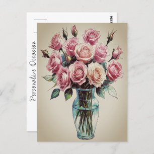 Carte Postale Fleurs Roses florissantes Bouquet Vase Dessin Art