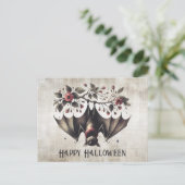 Carte Postale Fleurs roses Halloween Chauve-souris maléfique Feu (Debout devant)